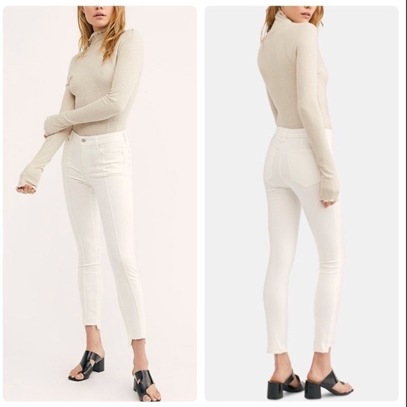 Free People Jean Pin Tuck Pant Mid Rise Skinny Leg Step Hem Cream Neutral NWT 27 - Picture 1 of 10